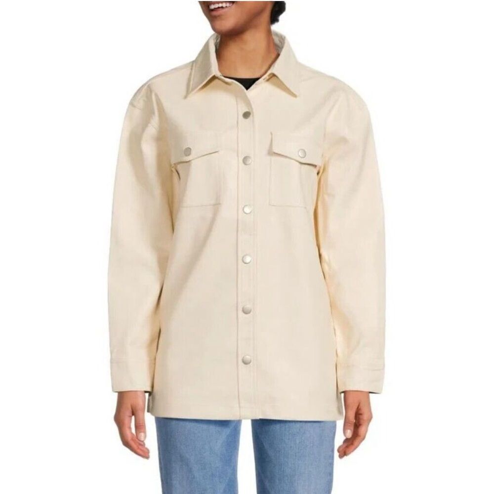 NWT JOE’S Faux Leather Long Sleeve Snap Shirt Jacket Shacket in Ecru size S